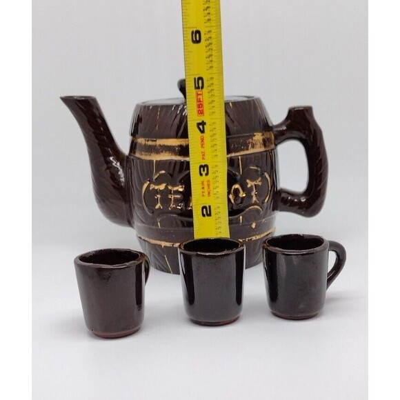 VTG 5" Barrel Teapot With 3 Mini Sipping Cups MCM Brown Gold Pottery Small Japan - Picture 9 of 11